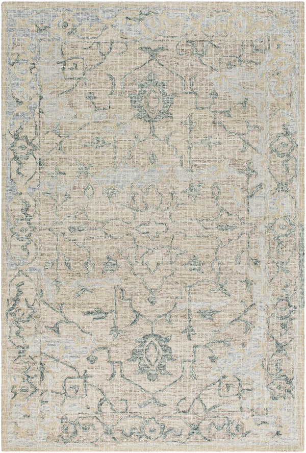 Detailed texture of the Connellsville Area Rug. Beige wool rug with sage, slate, and taupe traditional floral pattern. Design-Rectangle-576