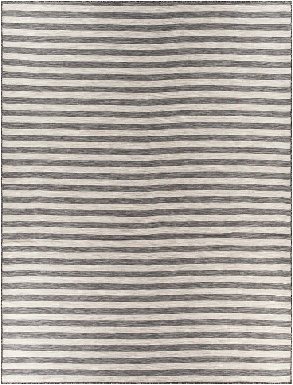 Bongaree Black&Gray Striped Flatweave Carpet. Close-up of woven rug with horizontal black, gray, and white stripes. Design-Rectangle-710102
