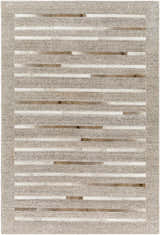 Close-up of the Cantu Premium Viscose&Leather Area Rug. Features beige, light gray, and brown geometric stripes. Design-Rectangle-576