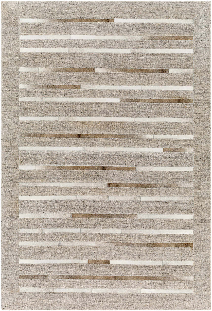Close-up of the Cantu Premium Viscose&Leather Area Rug. Features beige, light gray, and brown geometric stripes. Design-Rectangle-576