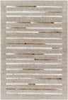 Close-up of the Cantu Premium Viscose&Leather Area Rug. Features beige, light gray, and brown geometric stripes. Design-Rectangle-576