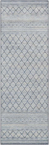Centertown Area Rug with diamond and geometric patterns in blue, charcoal, ivory, and white. Farmhouse style. Design-Runner-27710