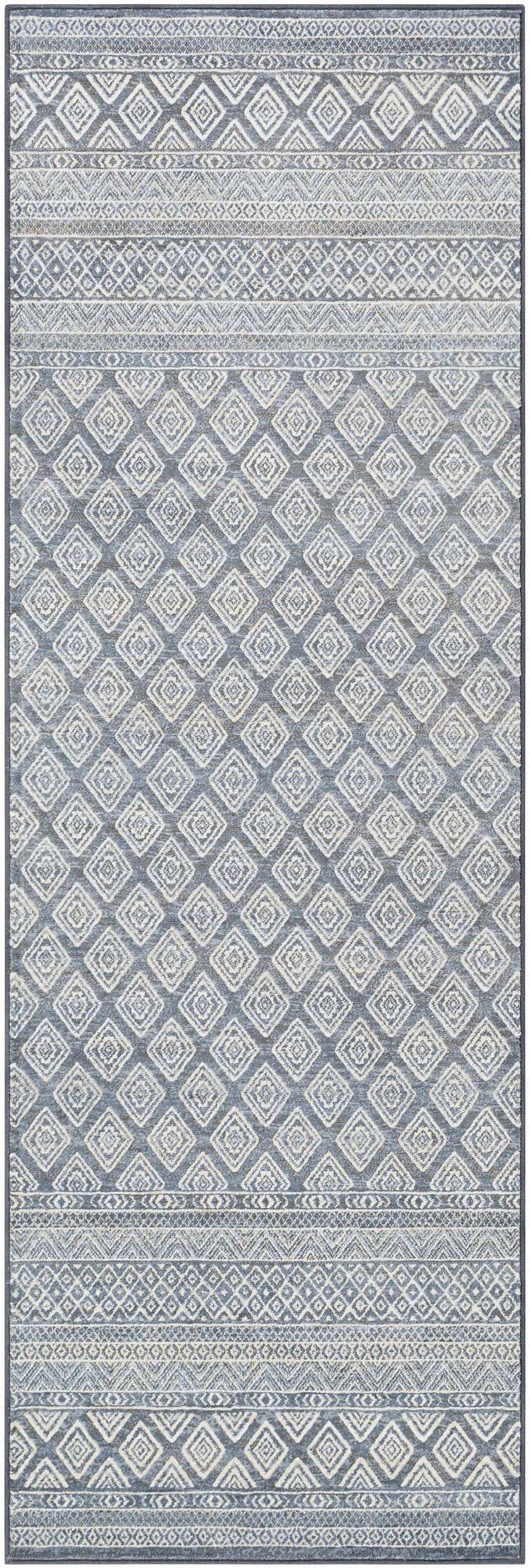 Centertown Area Rug with diamond and geometric patterns in blue, charcoal, ivory, and white. Farmhouse style. Design-Runner-27710
