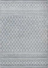 Centertown Area Rug features a geometric diamond pattern in blue, charcoal, ivory, and white. Traditional, farmhouse style. Design-Rectangle-5376