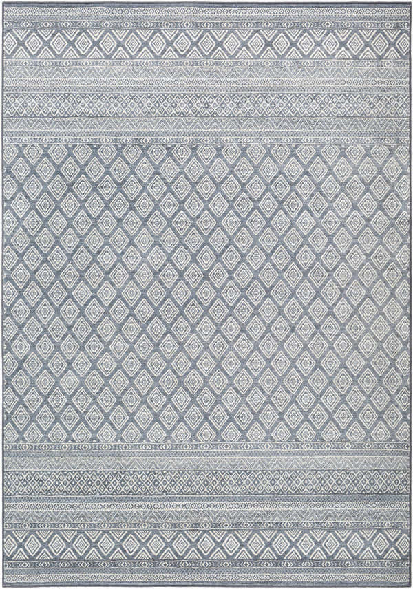 Centertown Area Rug features a geometric diamond pattern in blue, charcoal, ivory, and white. Traditional, farmhouse style. Design-Rectangle-5376