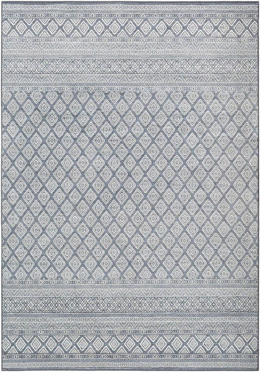 Centertown Area Rug features a geometric diamond pattern in blue, charcoal, ivory, and white. Traditional, farmhouse style. Design-Rectangle-5376
