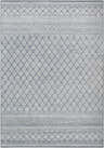 Centertown Area Rug features a geometric diamond pattern in blue, charcoal, ivory, and white. Traditional, farmhouse style. Design-Rectangle-5376