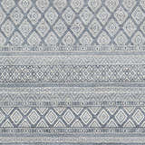 Close-up of Centertown Area Rug. Blue, charcoal, and ivory geometric diamond and stripe pattern. Swatch
