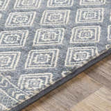 Close-up of the Centertown Area Rug. Blue rug with ivory geometric diamond pattern on wood floor. Texture