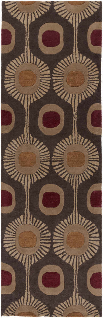 Close-up of the Canovanas Modern Wool Rug with a brown, tan, and burgundy floral and oval geometric pattern. Design-Runner-268