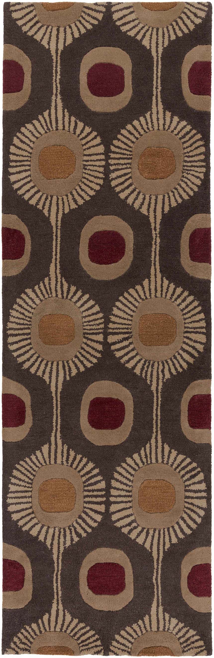 Close-up of the Canovanas Modern Wool Rug with a brown, tan, and burgundy floral and oval geometric pattern. Design-Runner-268