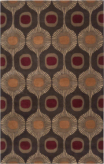 Close-up of the Canovanas Modern Wool Rug featuring a brown, tan, and burgundy geometric floral pattern. Design-Rectangle-58