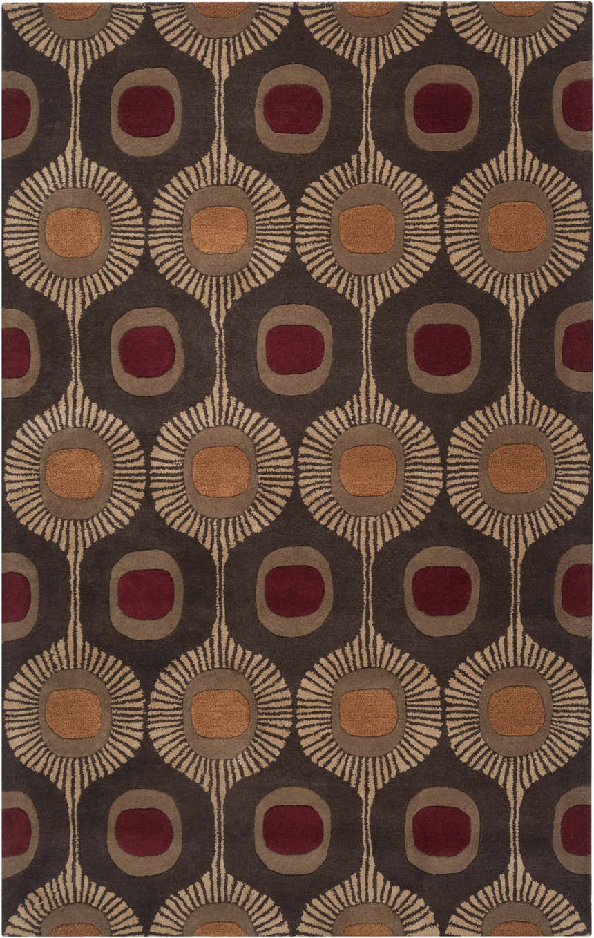 Close-up of the Canovanas Modern Wool Rug featuring a brown, tan, and burgundy geometric floral pattern. Design-Rectangle-58