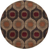 Close-up of the round Canovanas Modern Wool Rug. Features a geometric pattern in brown, tan, and burgundy hues. Design-Round-6