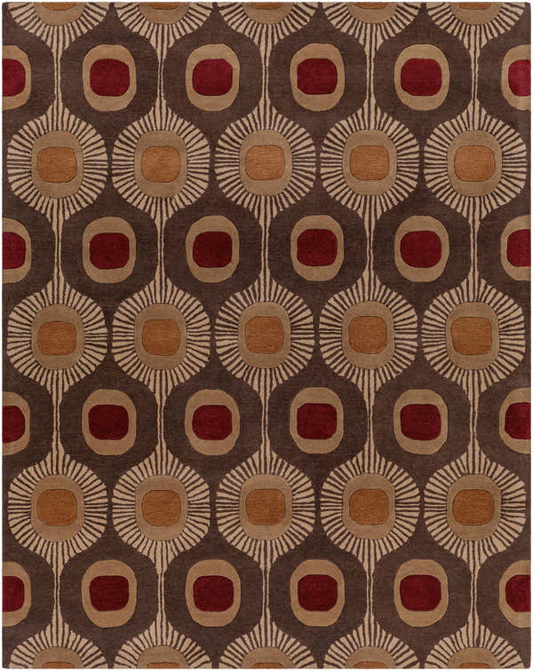 Close-up of the Canovanas Modern Wool Rug. Features a brown, tan, and burgundy geometric floral pattern. Design-Rectangle-7696