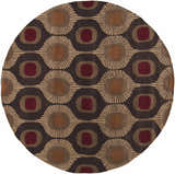 Round Canovanas Modern Wool Rug with a geometric pattern in brown, burgundy, tan, and dark brown. Hand-tufted texture. Design-Round-8