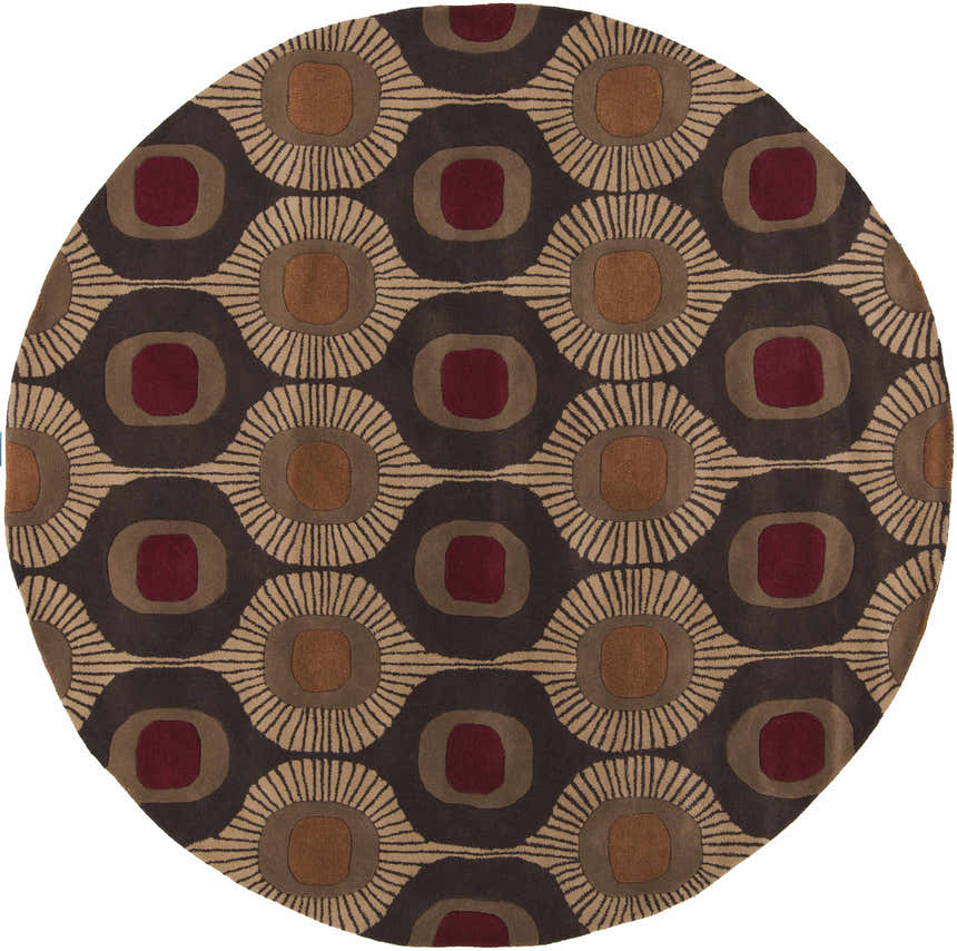 Round Canovanas Modern Wool Rug with a geometric pattern in brown, burgundy, tan, and dark brown. Hand-tufted texture. Design-Round-8