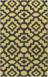 Close-up of Coatopa Area Carpet. Hand-woven wool rug in black and olive with a geometric trellis pattern. Design-Rectangle-58