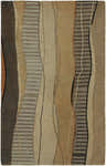Close-up of the Cochran Carpet, a hand-knotted wool rug with brown, beige, and burnt orange abstract stripe design. Design-Rectangle