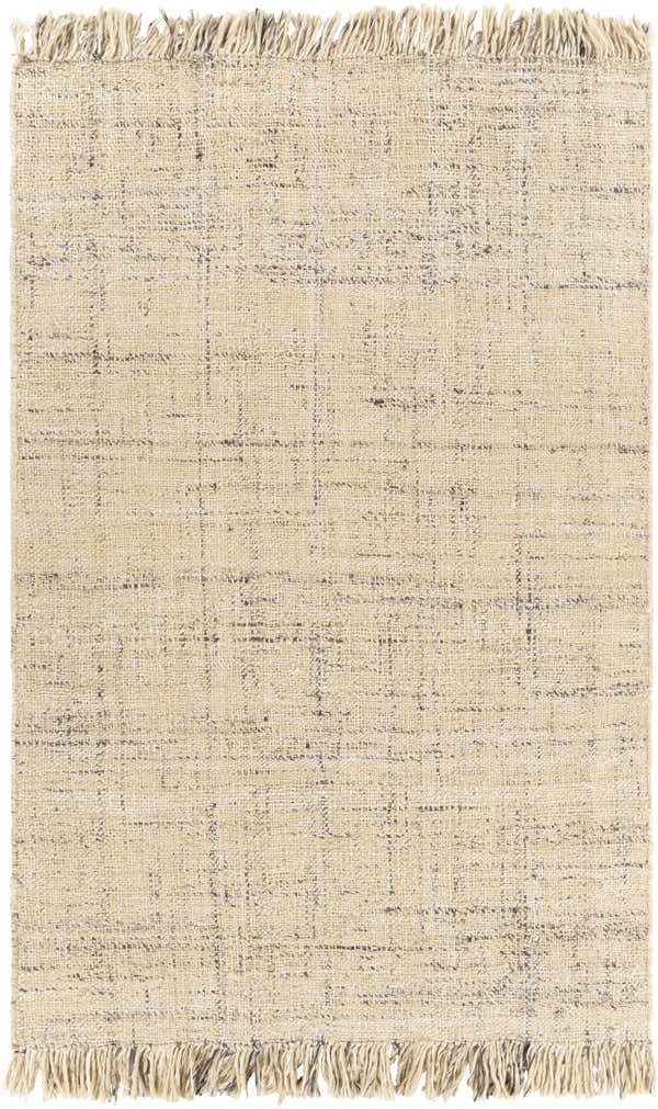 Close-up of the hand woven Cockatoo Area Carpet. Beige jute and wool rug with black and gray accents and fringe. Design-Rectangle-576