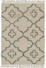 Close-up of Coffeyville Handcrafted Fringed Jute Carpet in cream, ivory, and sage with a geometric trellis pattern. Design-Rectangle-23