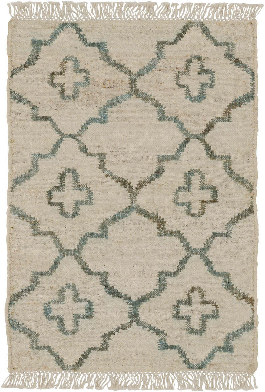 Close-up of Coffeyville Handcrafted Fringed Jute Carpet in cream, ivory, and sage with a geometric trellis pattern. Design-Rectangle-23