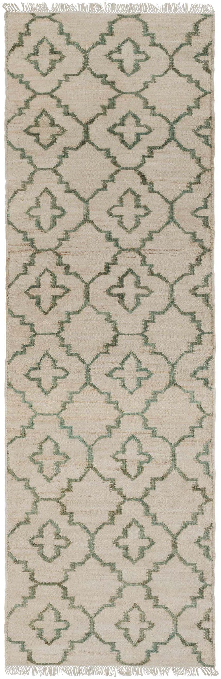 Close-up of Coffeyville Handcrafted Fringed Jute Carpet in cream and sage. Hand-woven rug with a geometric pattern and fringed edges. Design-Runner-268