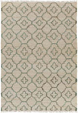 Close-up of Coffeyville Handcrafted Jute Carpet. Cream rug with sage quatrefoil pattern and fringed edges. Hand woven texture. Design-Rectangle-576