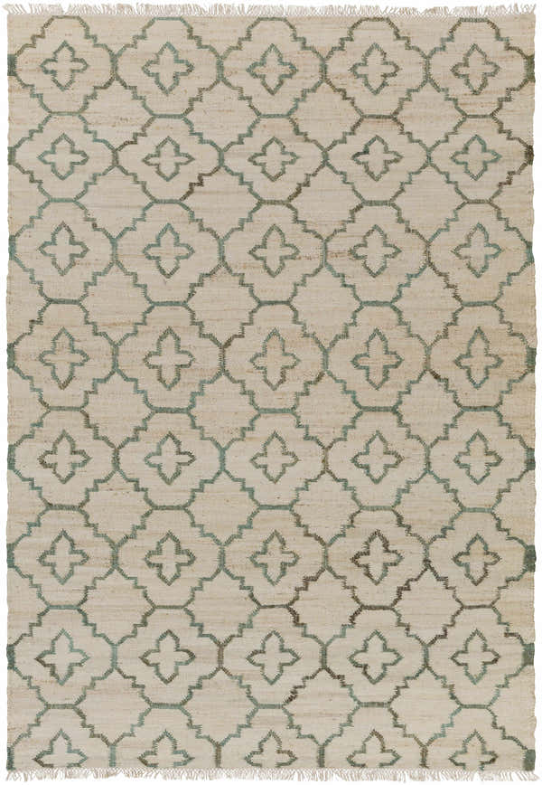 Close-up of Coffeyville Handcrafted Jute Carpet. Cream rug with sage quatrefoil pattern and fringed edges. Hand woven texture. Design-Rectangle-576