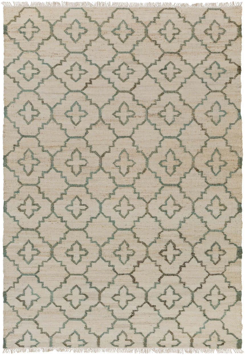 Close-up of Coffeyville Handcrafted Jute Carpet. Cream rug with sage quatrefoil pattern and fringed edges. Hand woven texture. Design-Rectangle-576