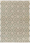 Close-up of Coffeyville Handcrafted Jute Carpet. Cream rug with sage quatrefoil pattern and fringed edges. Hand woven texture. Design-Rectangle-576