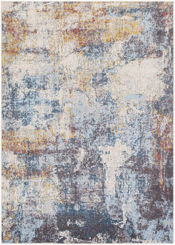 Close-up of the Cofield Area Rug showing its abstract pattern in brick red, charcoal, blue, gray, off white, and wheat. Design-Rectangle-5373