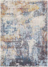 Close-up of the Cofield Area Rug showing its abstract pattern in brick red, charcoal, blue, gray, off white, and wheat. Design-Rectangle-5373