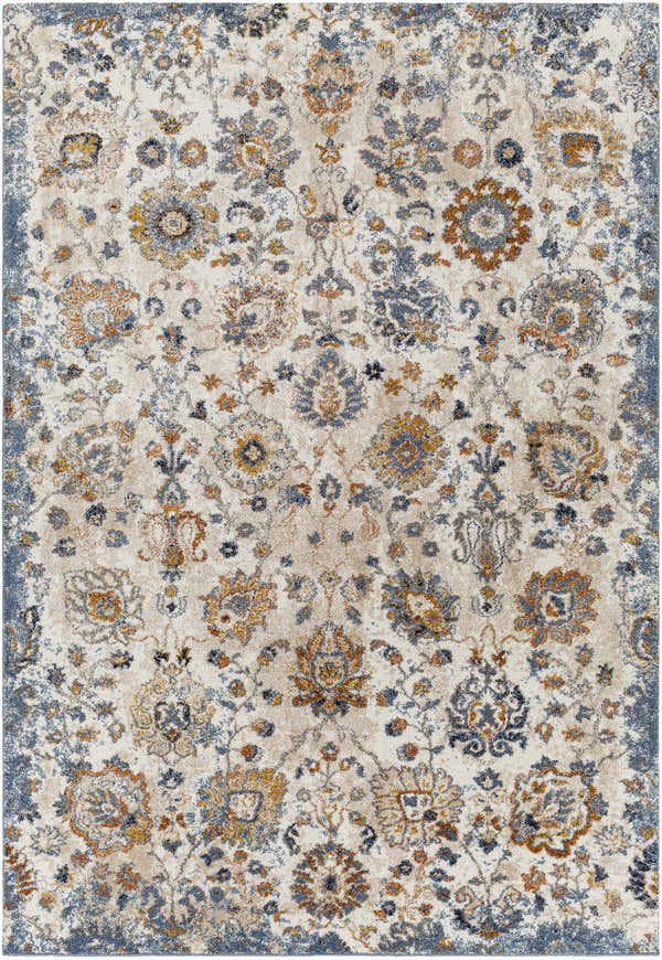 Close-up of the Cogan Area Rug. Features a traditional floral pattern in cream, blue, brown, and yellow tones. Design-Rectangle-5373