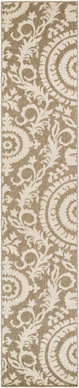 Close-up of the Collegeport Area Rug. Light beige floral pattern on a light brown, machine-woven olefin rug. Design-Runner-23119