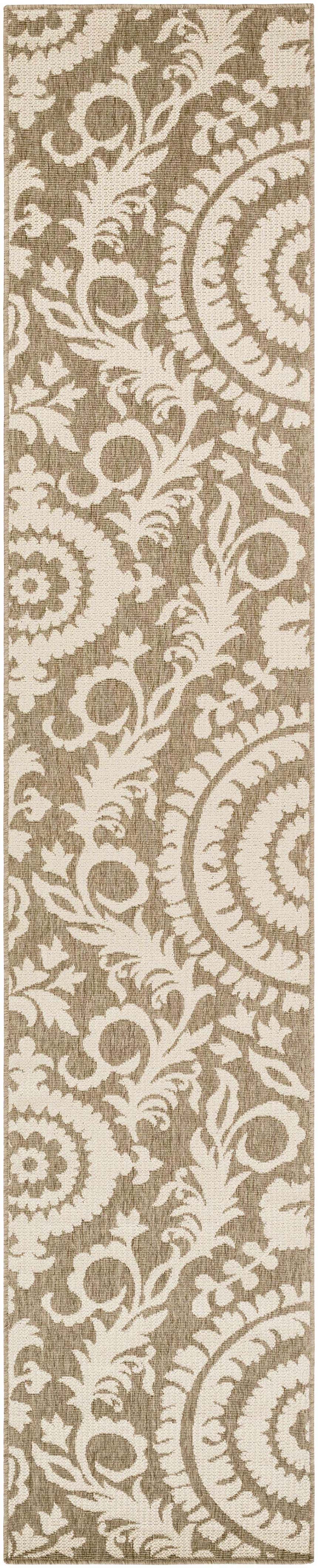 Close-up of the Collegeport Area Rug. Light beige floral pattern on a light brown, machine-woven olefin rug. Design-Runner-23119