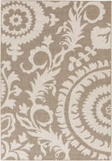 Close-up of the Collegeport Area Rug, featuring a light beige and light brown floral and damask pattern. Design-Rectangle-5376