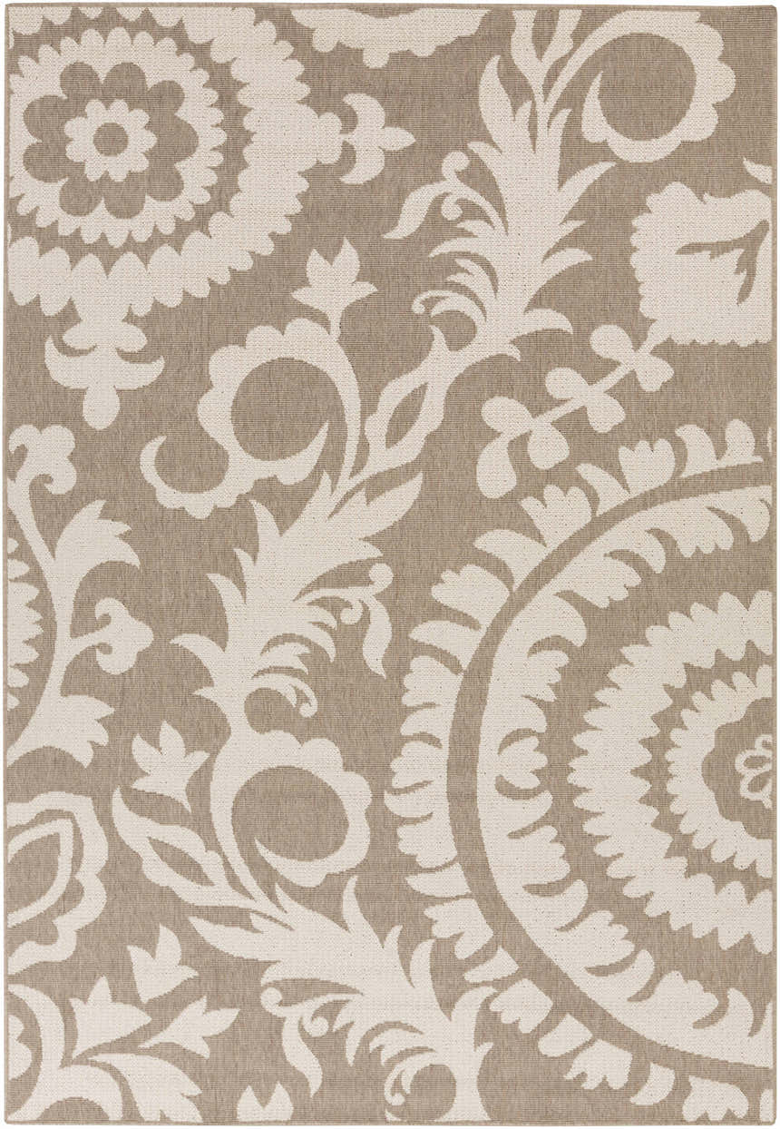 Close-up of the Collegeport Area Rug, featuring a light beige and light brown floral and damask pattern. Design-Rectangle-5376