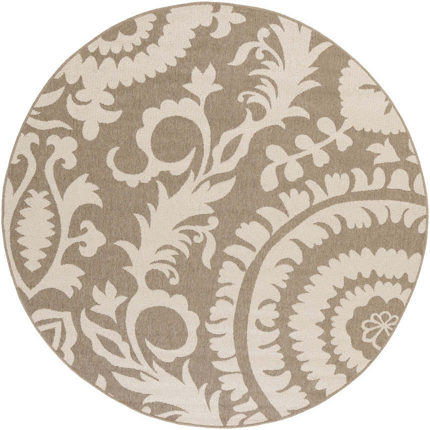 Round Collegeport Area Rug. Light beige floral pattern on a light brown olefin rug. Design-Round-73