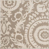 Close-up of the Collegeport Area Rug. Light beige floral and vine pattern on a light brown background. Machine woven olefin rug. Design-Square-73
