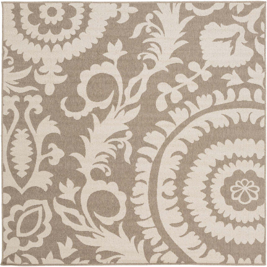Close-up of the Collegeport Area Rug. Light beige floral and vine pattern on a light brown background. Machine woven olefin rug. Design-Square-73