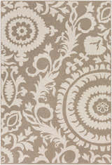 Close-up of the Collegeport Area Rug. Light beige floral and vine pattern on a light brown olefin rug. Design-Rectangle-76109