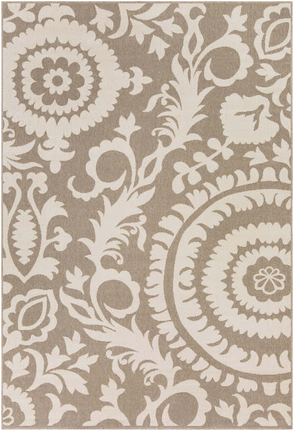Close-up of the Collegeport Area Rug. Light beige floral and vine pattern on a light brown olefin rug. Design-Rectangle-76109