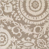 Close-up of the Collegeport Area Rug, showcasing a light beige and brown floral medallion pattern. Design-Square-89