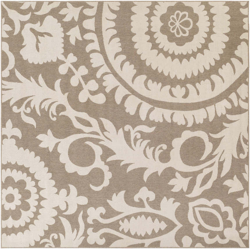 Close-up of the Collegeport Area Rug, showcasing a light beige and brown floral medallion pattern. Design-Square-89