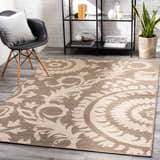 Coastal entryway with beige and brown Collegeport Area Rug, black chair, and modern shelving unit. Roomscene-Rectangle