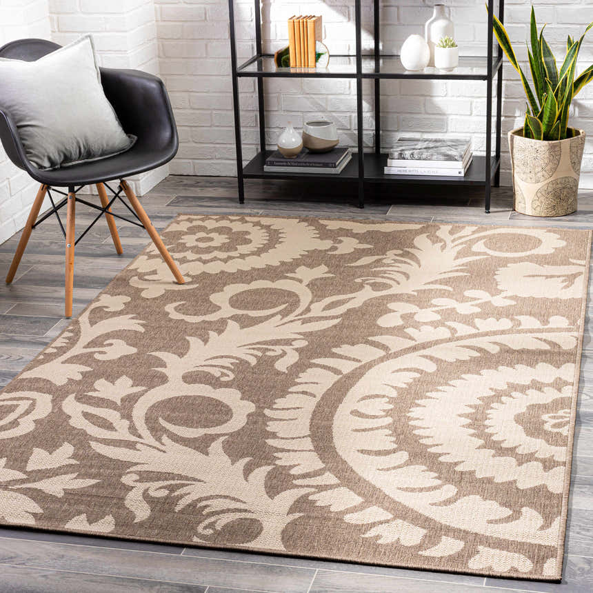 Coastal entryway with beige and brown Collegeport Area Rug, black chair, and modern shelving unit. Roomscene-Rectangle
