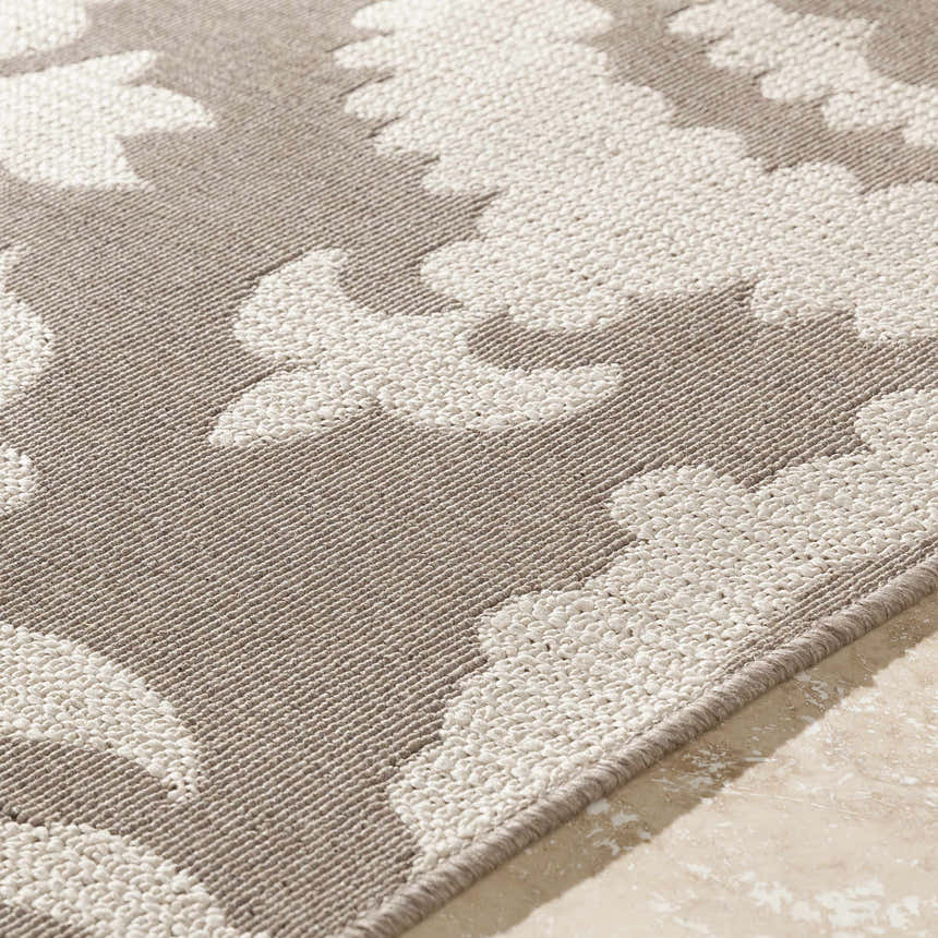 Close-up of the Collegeport Area Rug. Light beige floral pattern on a light brown, machine-woven olefin rug. Texture