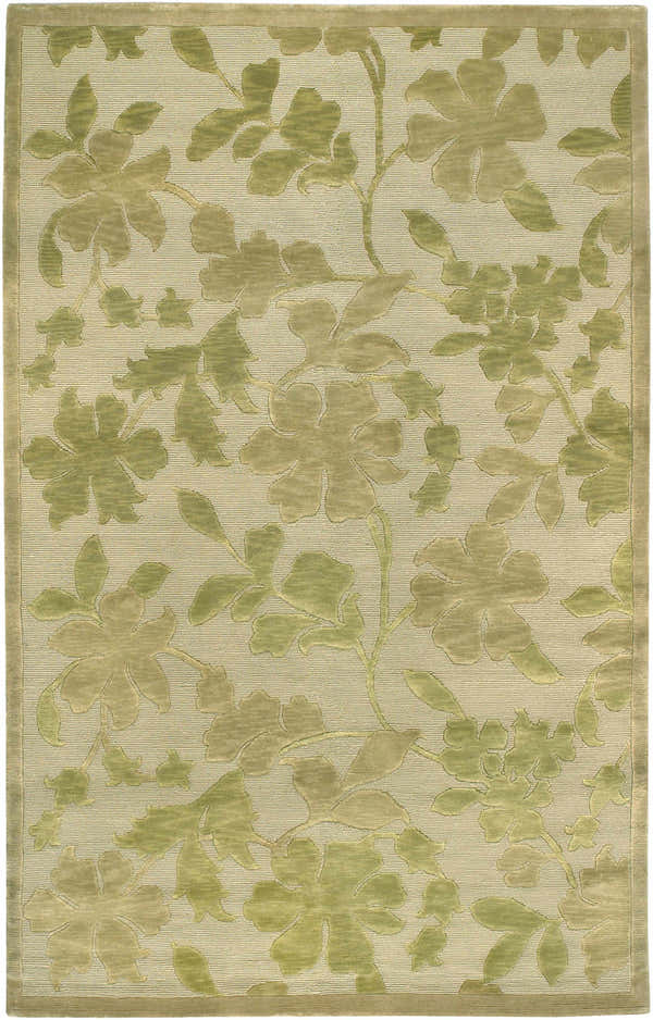 Close-up of the Coleman Area Carpet; a beige rug with a raised floral pattern in shades of green and brown. Design-Rectangle-58