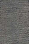 Close-up of the Colinton Area Rug. Hand-woven rug with a diamond pattern in black, charcoal, and light gray. Design-Rectangle-576